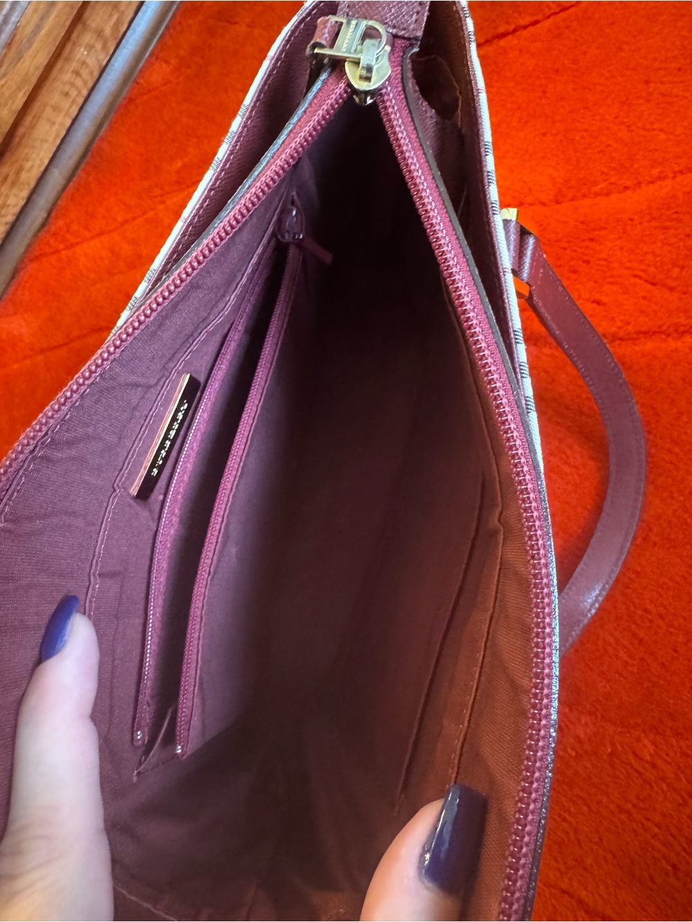 Burberry Beige Nova Check Tote with Burgundy Trim and Gold Hardware - Picture 8 of 14